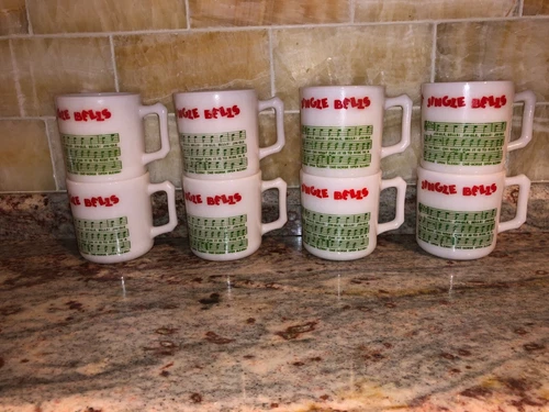 Hazel Atlas Christmas Egg Nog Mugs Set of 8 Milk Glass W Red & Green Xmas