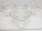 Set of 3 Vintage Federal Glass Ribbed Refrigerator Dishes Embossed Vegetable Lid