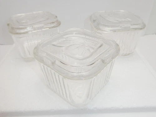 Set of 3 Vintage Federal Glass Ribbed Refrigerator Dishes Embossed Vegetable Lid