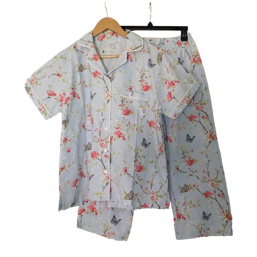 NEU Portugiesischer Baumwoll Pyjama Schlafanzug Capri Kurzarm blau geblümt Größe Small