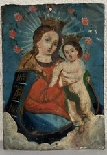 Antique Oil Painting Virgin Mary De Refugio Christ Retablo Mexican 19th Century