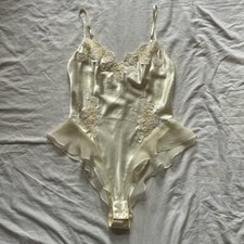 Vintage Victoria's Secret Ivory Beaded Embroidered Appliqu  Satin Teddy Romper