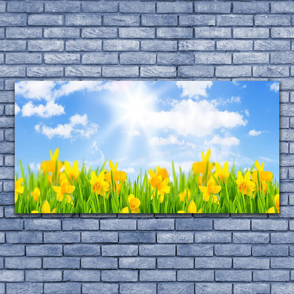 Tableau sur verre 140x70 cm fleurs et soleil jaune pour décoration murale