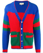 NWT Gucci Green Red Web Blue Colorblock Wool Oversized Cardigan Sweater XS 2790