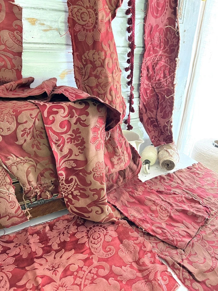 PAQUETE #3 Antiguo CORTE DAMASCO SEDA TELA LOTE ARTESANÍA arabescos c1900 Foto 4 de 4