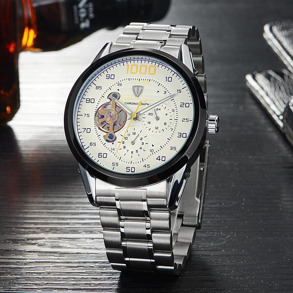 Montre sport automatique étanche avec dateur et mécanisme apparent en acier