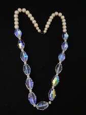 VINTAGE Beautiful Faux Pearl Oval Faceted Aurora Boeralis Crystal Bead NECKLACE