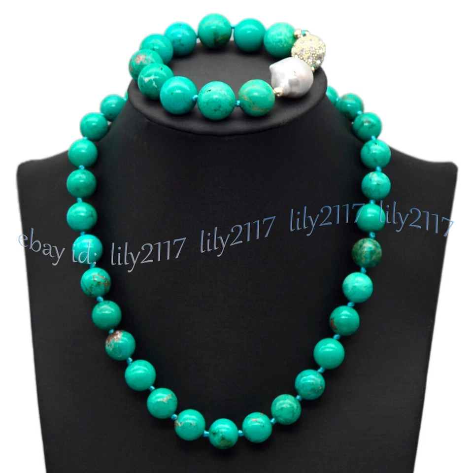 Natural Green Turquoise Round Gems White Keshi Baroque Pearl Necklace Bracelet - Image 2 of 4