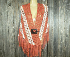 NEW Coral White Beige Multi Hand Knitted Shawl Wrap Scarf Boho Hippie Fringe