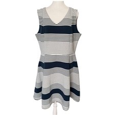 Renee C. Womens Large A-line Dress Sleeveless Vneck Blue White Striped Career