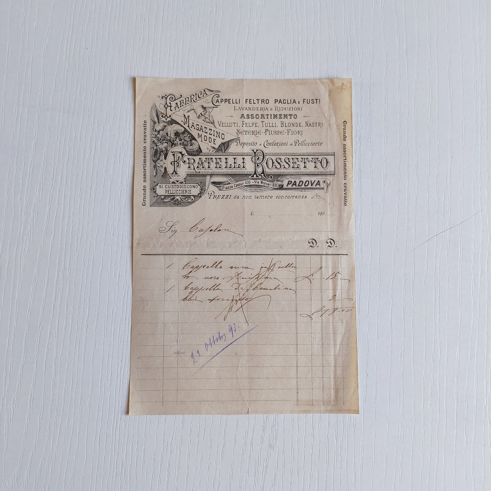 1893 Fratelli Rossetto Cappelli Velluti Felpe Seterie Padova Fattura C03780