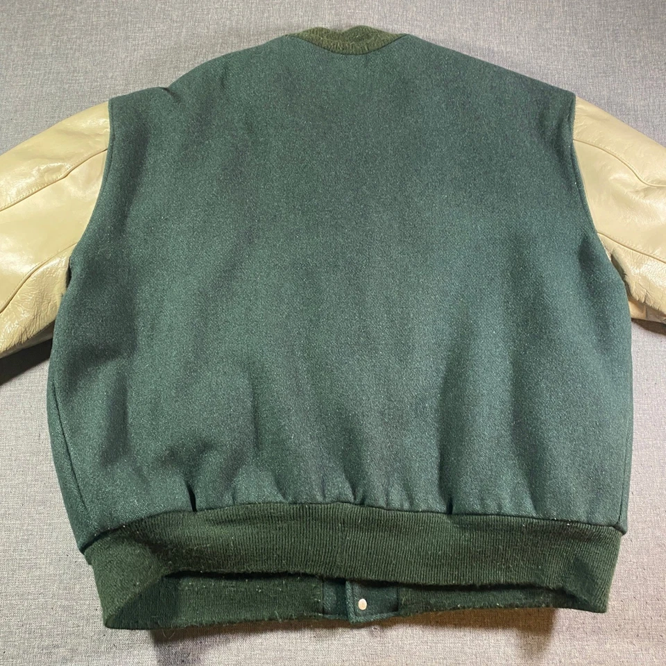 Chaqueta Letterman Universitaria DeLONG De Colección Hombres 2X Lana Verde Manga Cuero EE. UU. Foto 3 de 4