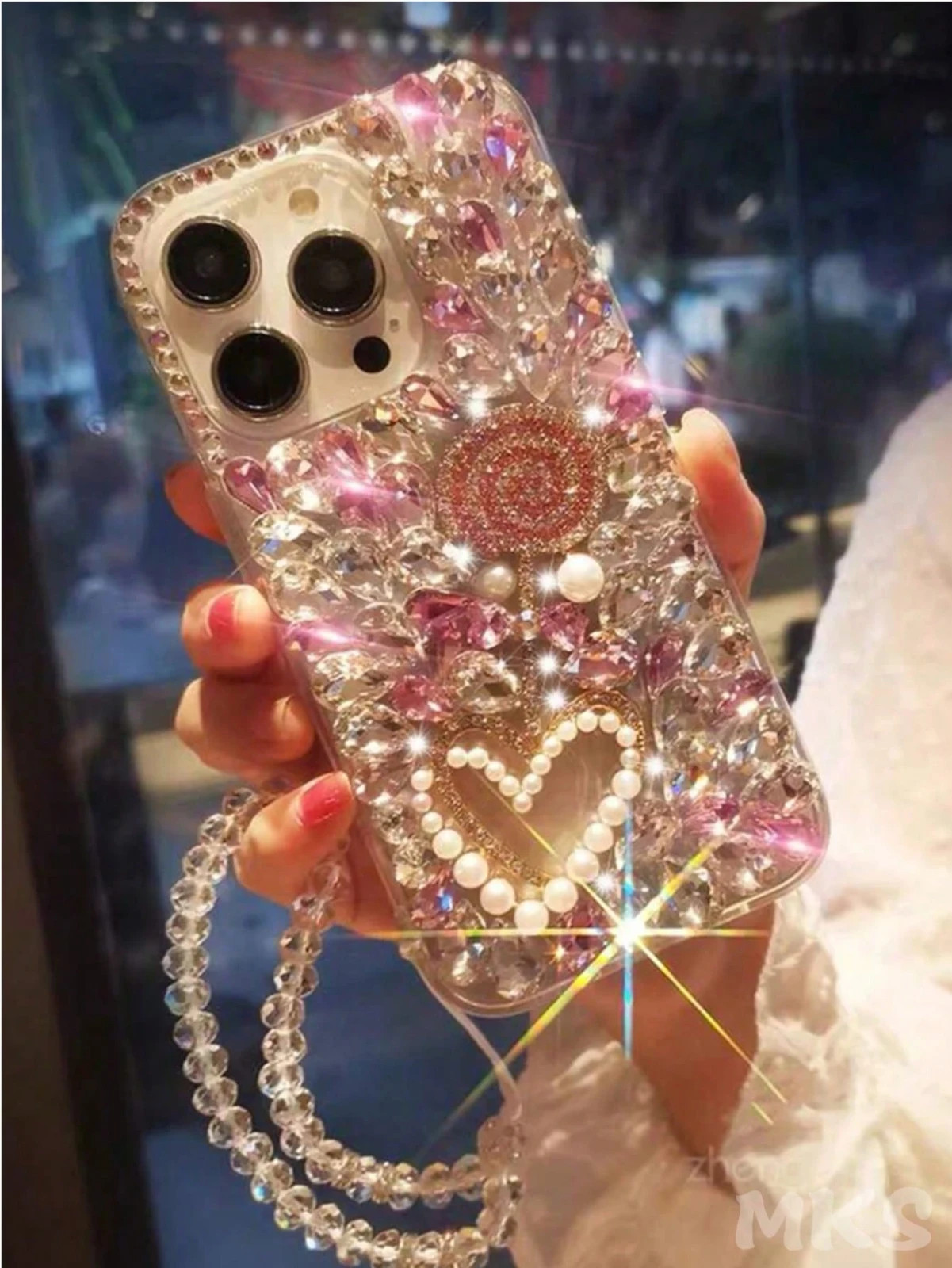 iPhone 16 Luxury Pink Rhinestone Faux Pearl Heart Shockproof Phone Case ...