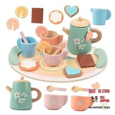 Tea Party Set for Little Girls, Wooden Kids Tea Set with Teapot Cups Coasters