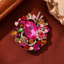 Women's Rose Pink Crystal Rhinestone Big Flower Brooch Pin