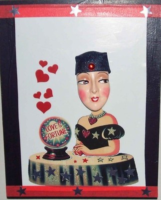 FORTUNE TELLER FLAPPER Doll Wall Plaque Mixed Media Crystal Ball Reader Art 3D