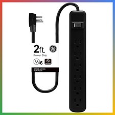 6 Outlet Power Strip 2ft Cord Wall Mount Circuit Breaker Black 15A 1800W