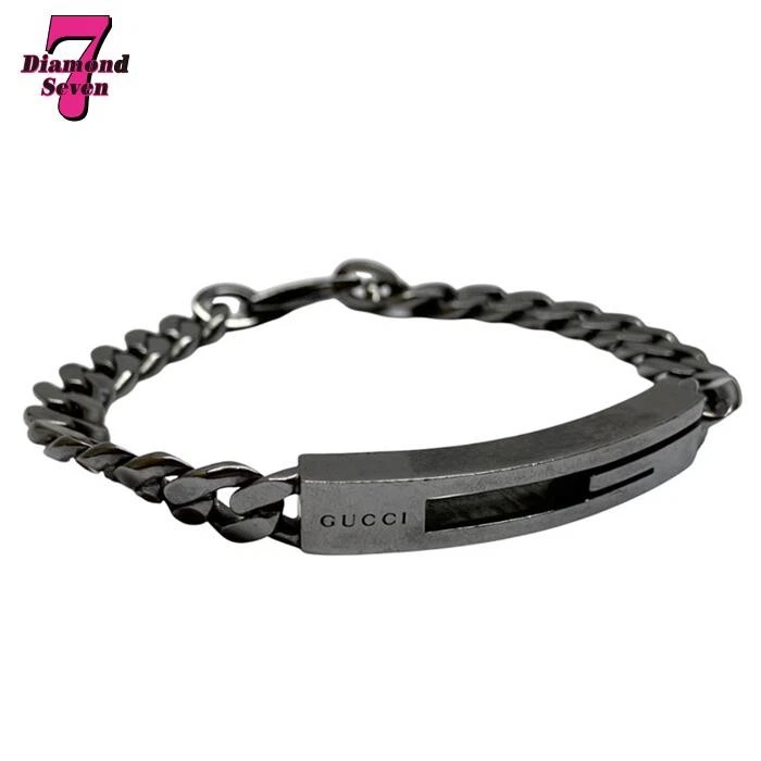 Bracelet GUCCI découpe G noir métal armé Ag925 argent accessoires chaîne logo homme