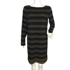 MICHAEL KORS Dress, L, Black/Golden studs/chain print, Long sleeve, Stripe
