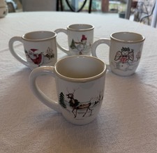 American Atelier Christmas Twig Set of 4 Coffee Cocoa Mugs Reindeer Snowmen