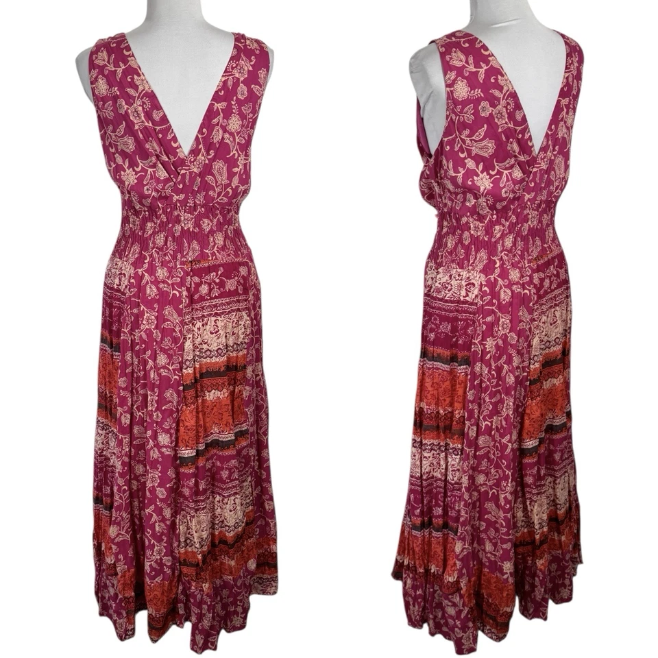 Y2K Jane Ashley Boho Floral Maxi Dress Size 1X Smocked Waist Hippie Pink Cotton - Image 3 of 4