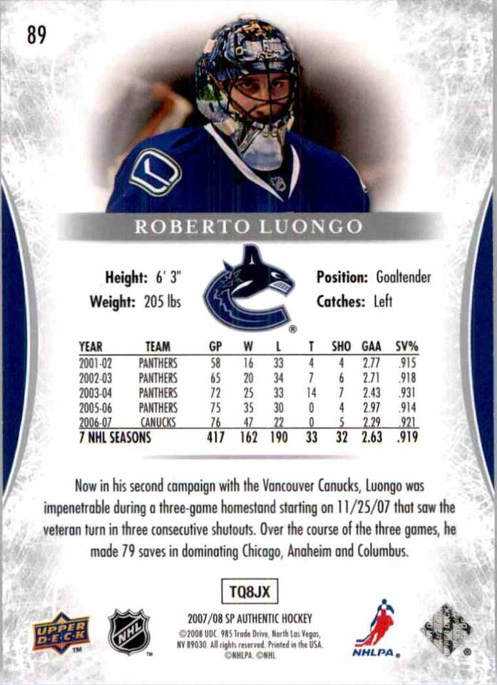 2007-08 Upper Deck SP Authentic Roberto Luongo #89 - Image 2 of 2