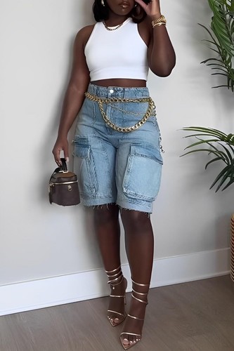 Womens Cargo Jean Shorts High Waisted Straight Leg Casual Ripped Raw Hem Deni... - Picture 3 of 5
