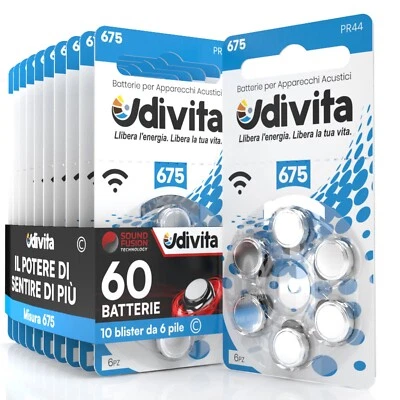 60 Batterie Pile Udivita 675 Senza Mercurio PR44 Protesi Acustiche Udito