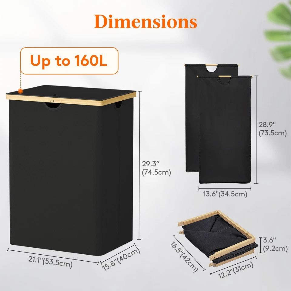 Lifewit 160L Cesta de Lavandería Doble con Tapa, Cesta de Lavandería Extra Grande de Bambú Foto 4 de 4
