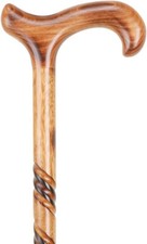 Mens Luxury Wooden Spiral Carved Walking Stick Cane with Scorched Handle - 91cm