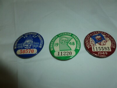 3 Vintage (1947,1948 &1949) Minnesota Chauffeur Pinback License  Lot A-571