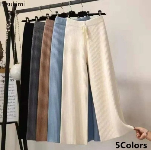 High Waist Wide Leg Pants Winter Casual Loose Knit Straight Leg Pants Lace-up