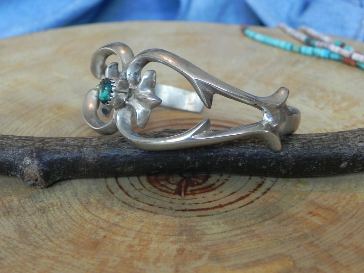 Turquoise & Sandcast Sterling Silver Cuff Bracelet signed Nellie