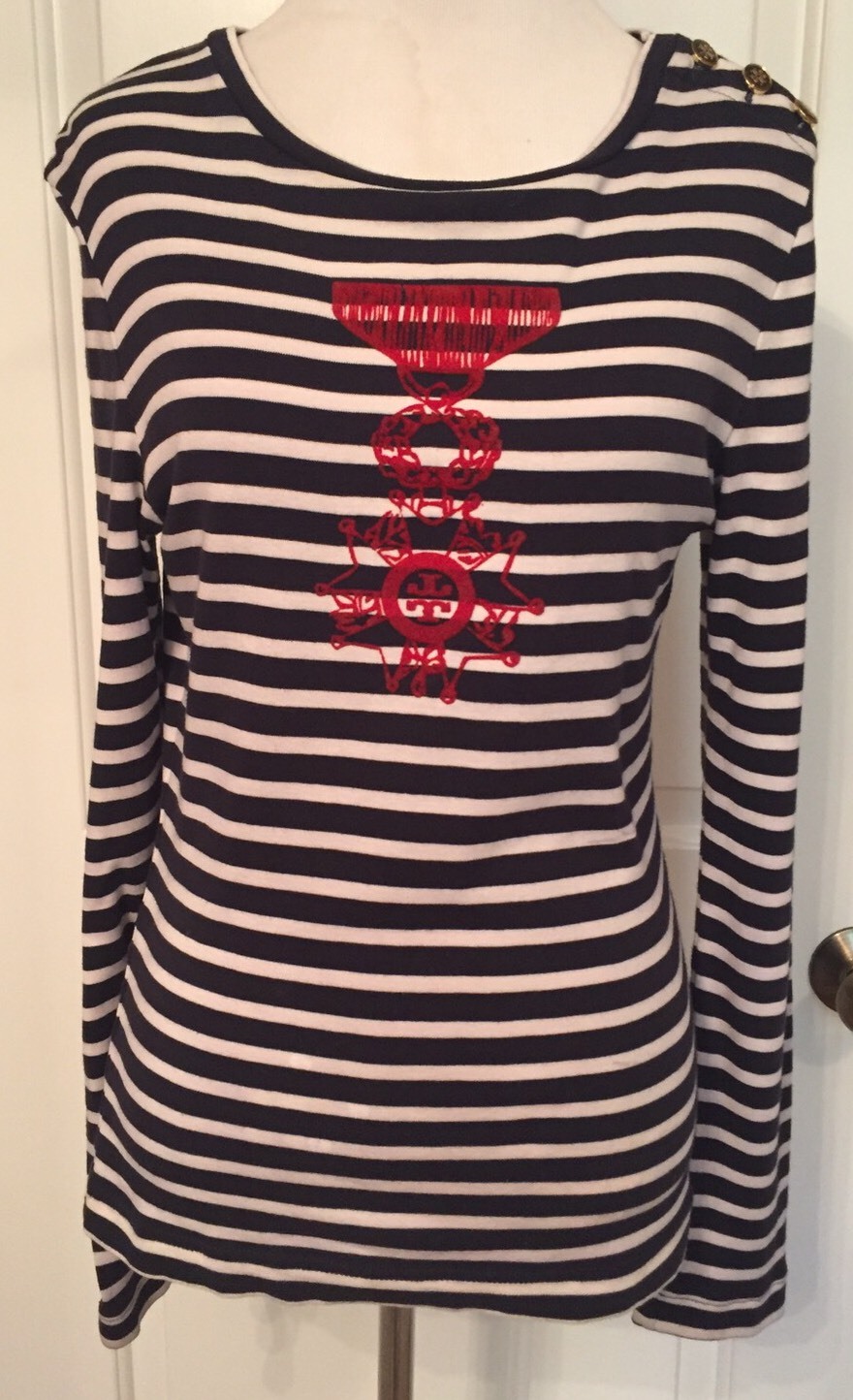 Tory BURCH top Blue White Striped Cotton Knit Red T Design Nautical Size S