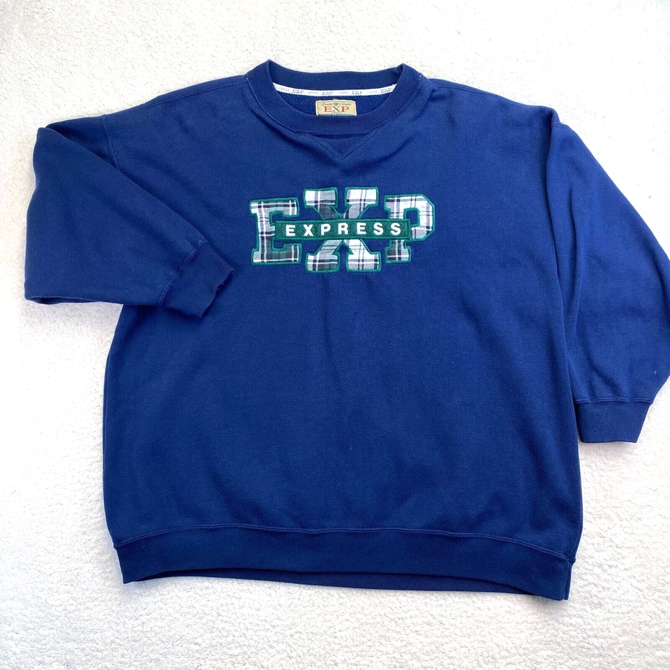 Sudadera Vintage Express Bordada Talla S Azul Marino Logo A Cuadros EXP 90s Y2K Foto 2 de 4