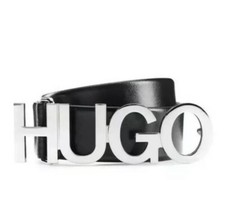 Image of 🥳 New Hugo Boss Leather Zula Logo belt 90cm 34” Black & Silver Proof Of Purchas