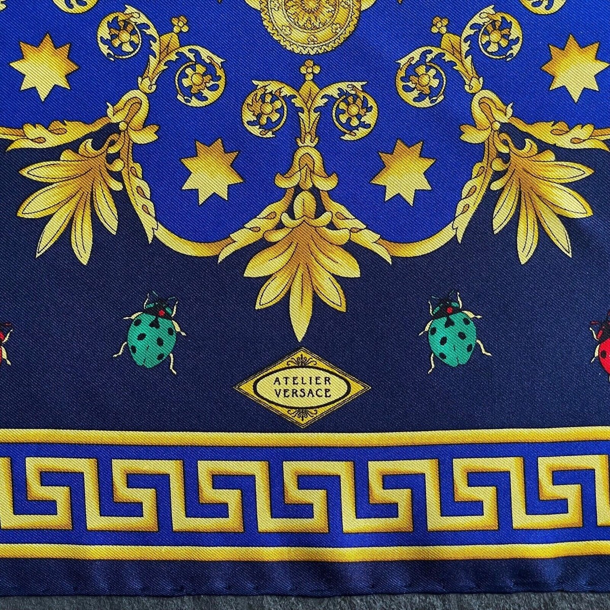 GIANNI VERSACE blue silk neck scarf Baroque Fly Ladybug Medusa