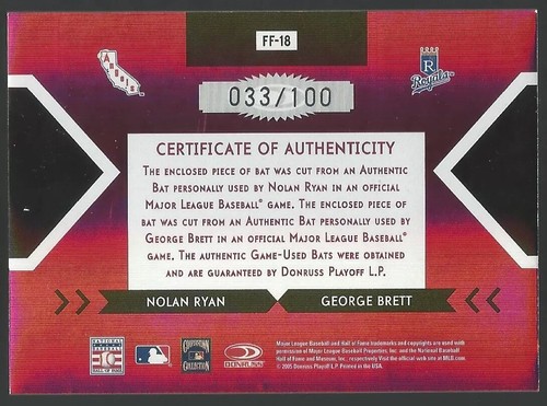 2005 DONRUSS ELITE NOLAN RYAN & GEORGE BRETT 33/100 GAME USED BAT #FF-18 - Foto 2 di 2