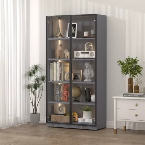 2 Doors Metal Glass Display Cabinet w/Adjustable 4 Shelves, Glass Cabinet LED - Picture 1 of 7