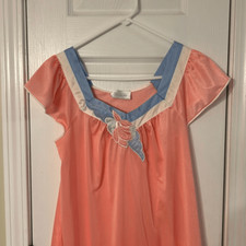 Vanity Fair Vintage Nightgown Pink Pastel Blue Short Sleeve Cap Nylon S USA