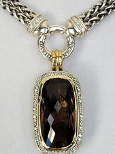 David Yurman Albion Silver 18K YG Smoky Quartz Diamond Pendant Double Necklace