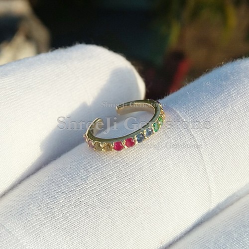 Rainbow Sapphire Cuff Earring 14k Yellow Gold Ear Cuffs Party Wear Jewelry Gift - Picture 3 of 6