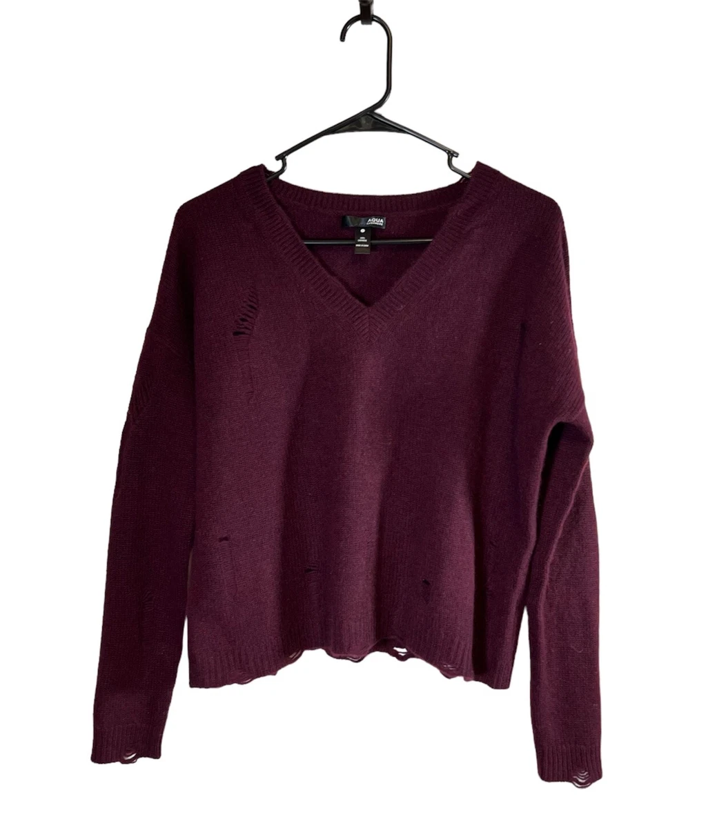 Aqua 100 Cashmere Distressed V Neck Sweater Womens Size Small Burgundy Maroon