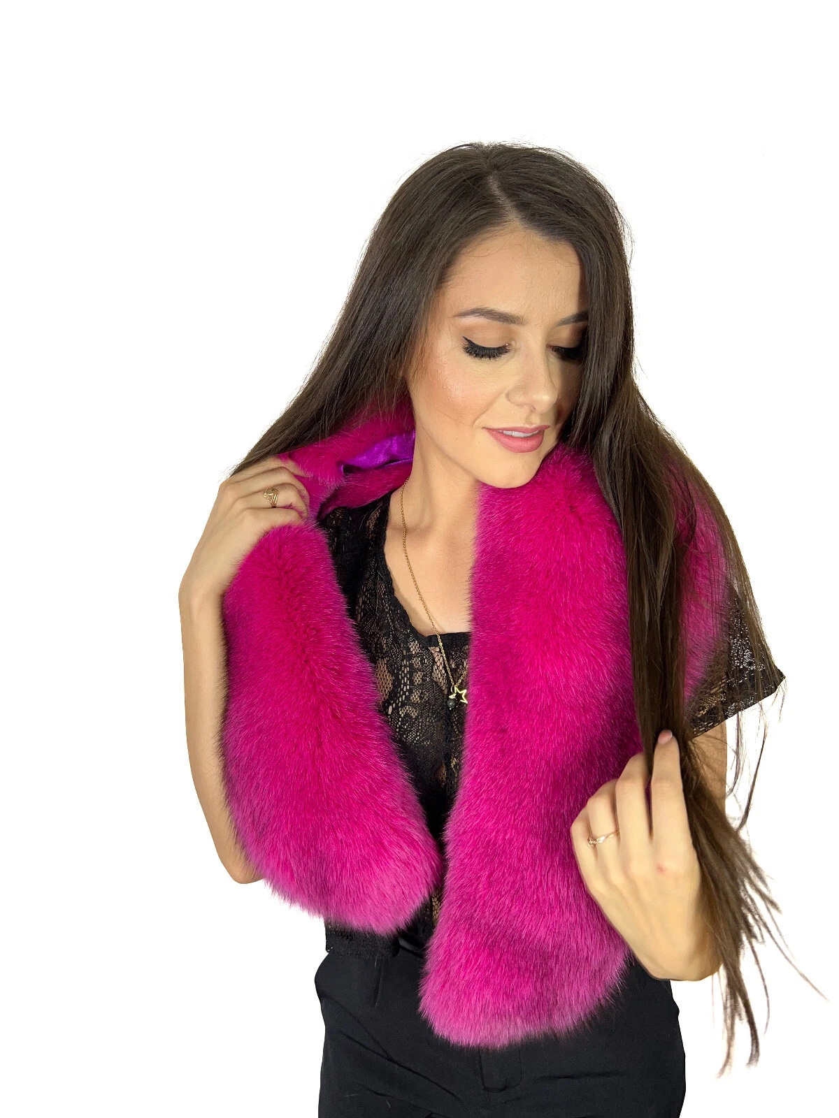 Fox Fur Stole 47" (120cm) Raspberry Pink Color Saga Furs Collar Big Scarf