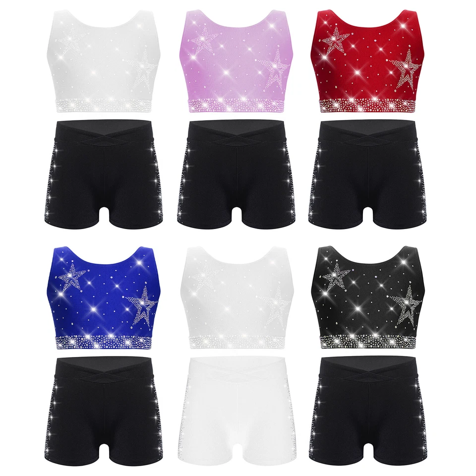 UK Girls Sports Set Shiny Rhinestones Crop Top with Shorts Yoga Gymnastics Dance - Image 2 of 4