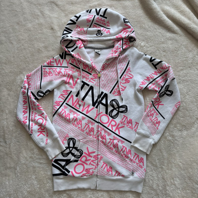 Aritzia TNA Womens Hoodie All Over Graphic Hot Pink Black Print Long Sz Small