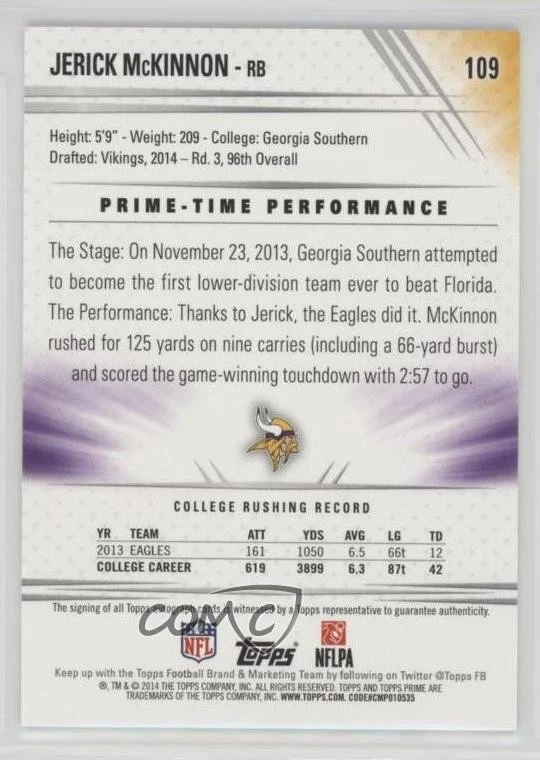 2014 Topps Prime Rookie Variation Auto Jerick McKinnon #109 Rookie Auto RC - Image 2 of 2