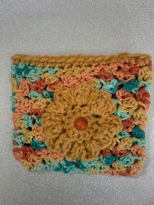 Hand-crocheted make-up/keepsake bag, multi-colorwith flower accent, FREE SHIP