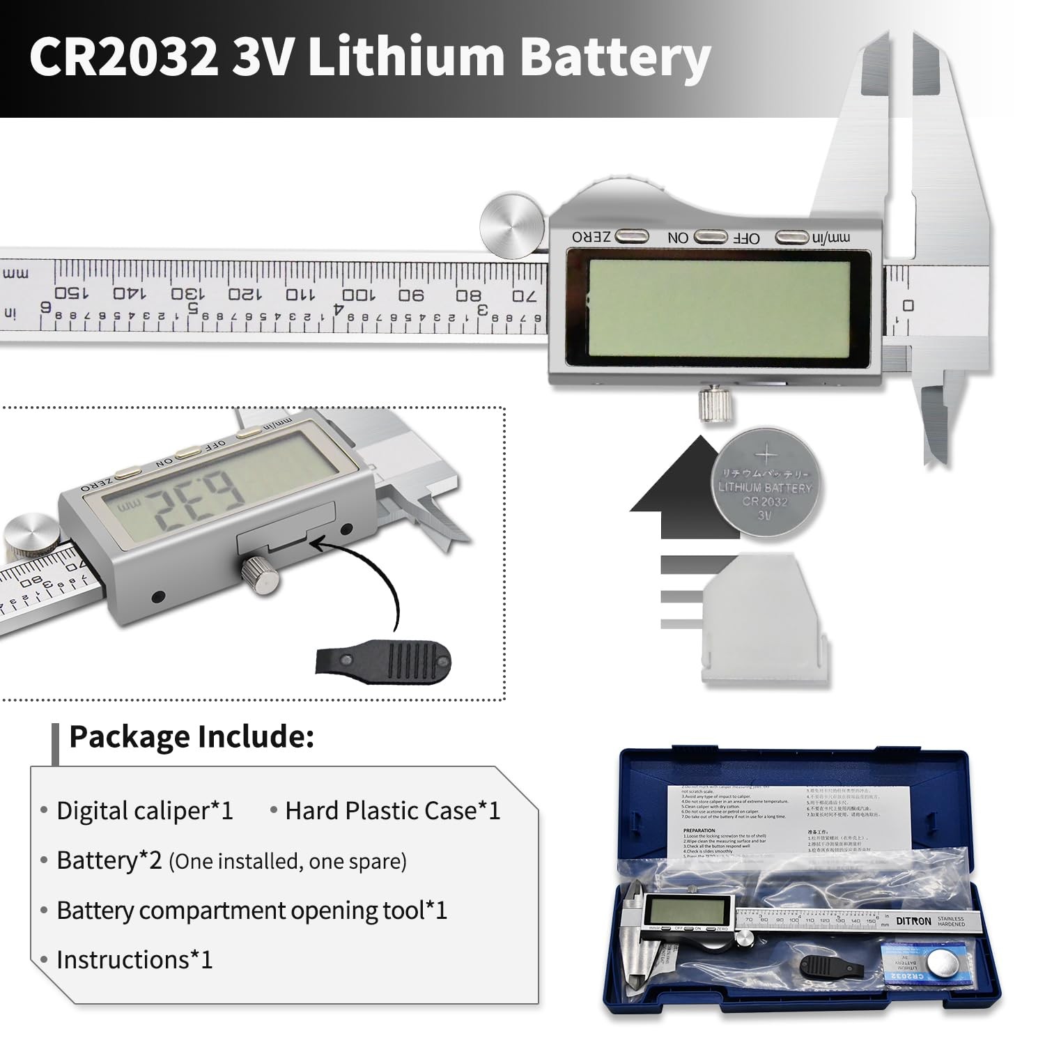 Digital Caliper Stainless Steel Electronic Vernier with LCD Screen 6in 150mm