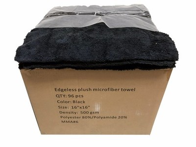 96 Case 16x16 Microfiber Edgeless Towels 500GSM Auto Detailing/Cleaning, Black